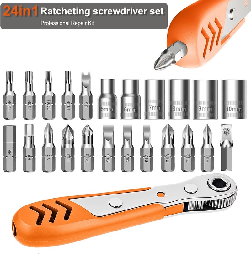 TOOLMAK Right Angle Screwdriver 24 in 1 Ratchet Screwdriver Set with Mini Ratchet Wrench for Tight Spaces, Bike Repair & DIY Projects - Image 2